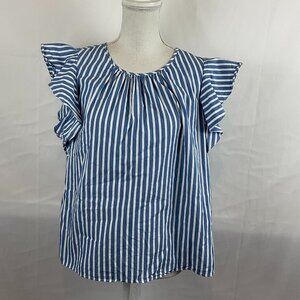 Kate Spade Blouse XL Blue White Stripe Flutter Sleeve Pucker Pleat